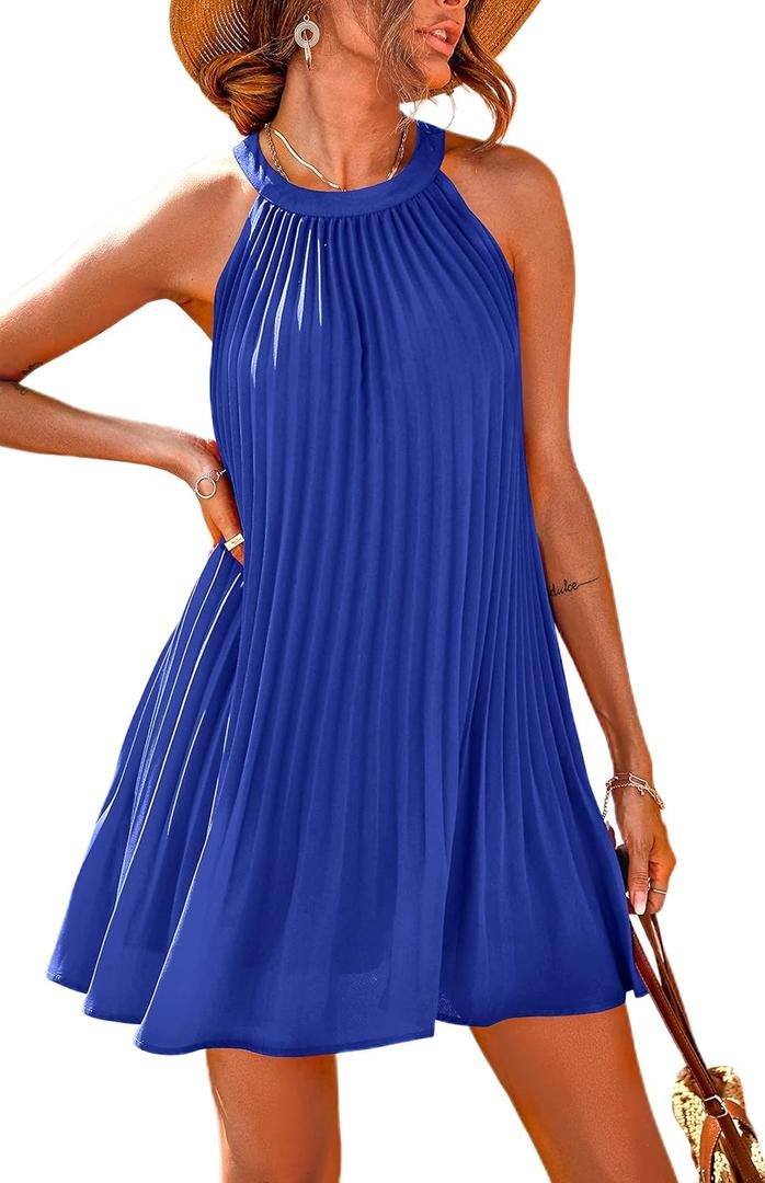 PRETTYGARDEN Women's Cute Halter Neck Sleeveless Mini Dress Solid Color Flowy Pleated Beach Dress Sundress (Blue)