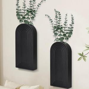 Wall Planter for Indoor Plants, Black Wall Decor for Living Room, Bathroom, Wood Wall Vases for Decor Dried Flowers and Faux Greenery, Set of 2 Modern Farmhouse Decor Hanging Planter