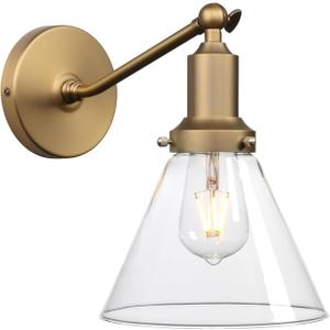 PERMO Industrial Vintage Slope Pole Wall Mount Single Sconce with Funnel Flared Clear Glass Shade Wall Sconce Light Lamp Fixture Hardwired (Antique Gold)
