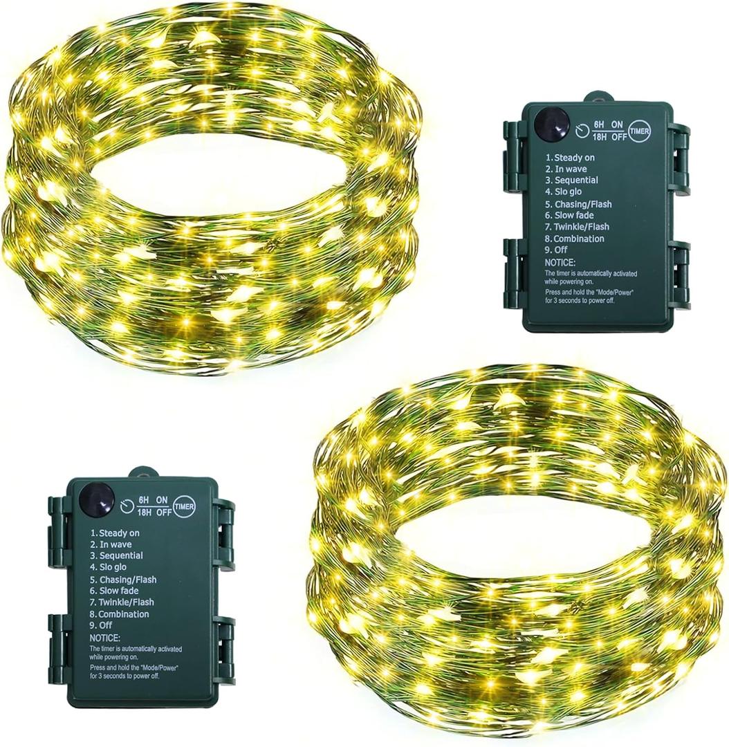 2 Pack Christmas Fairy Lights Battery Operated, Total 66Ft 200 LED String Light with Auto Timer 8 Modes Green Copper Wire Twinkle Lights for Bedroom Wreath Wedding Christmas (Warm White)