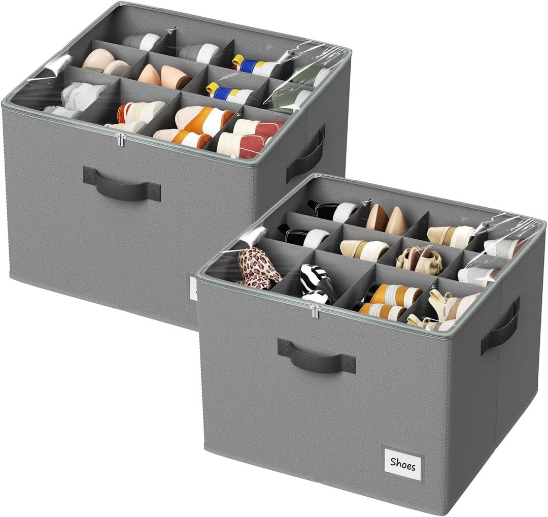 PHINOX Shoe Organizer for Closet, 2 Pack Fabric Shoe Organizer Storage Box, Shoe Storage Containers with Clear Cover, Closet Shoe Storage for Boots Sandals Slippers,Fits 16-32 Pairs, Gray