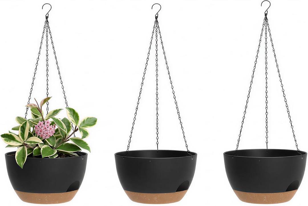 Hanging Planters 3-Pack, 8 Inch Self-Watering Hanging Pots with Drainage Hole and Chains, Plastic Planters for Indoor Outdoor, Black Brown