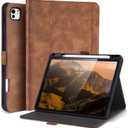 Handmade Case for iPad Pro 11 Inch (M5/M4) 2025/2024 with Pencil Holder Pocket,Magnetic Closure,Auto Sleep/Wake,Vegan Leather Folio Protective Cover,Multi Angles Stand,Dark Brown