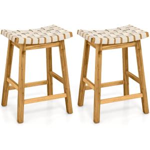 Woven Saddle Stools Set of 2, 25.5-inch Vintage Counter Height Chairs with PU Leather Woven Seat & Solid Wood Legs, Modern Backless Bar Stools for Dining Room, Kitchen, Pub, Bistro, Beige