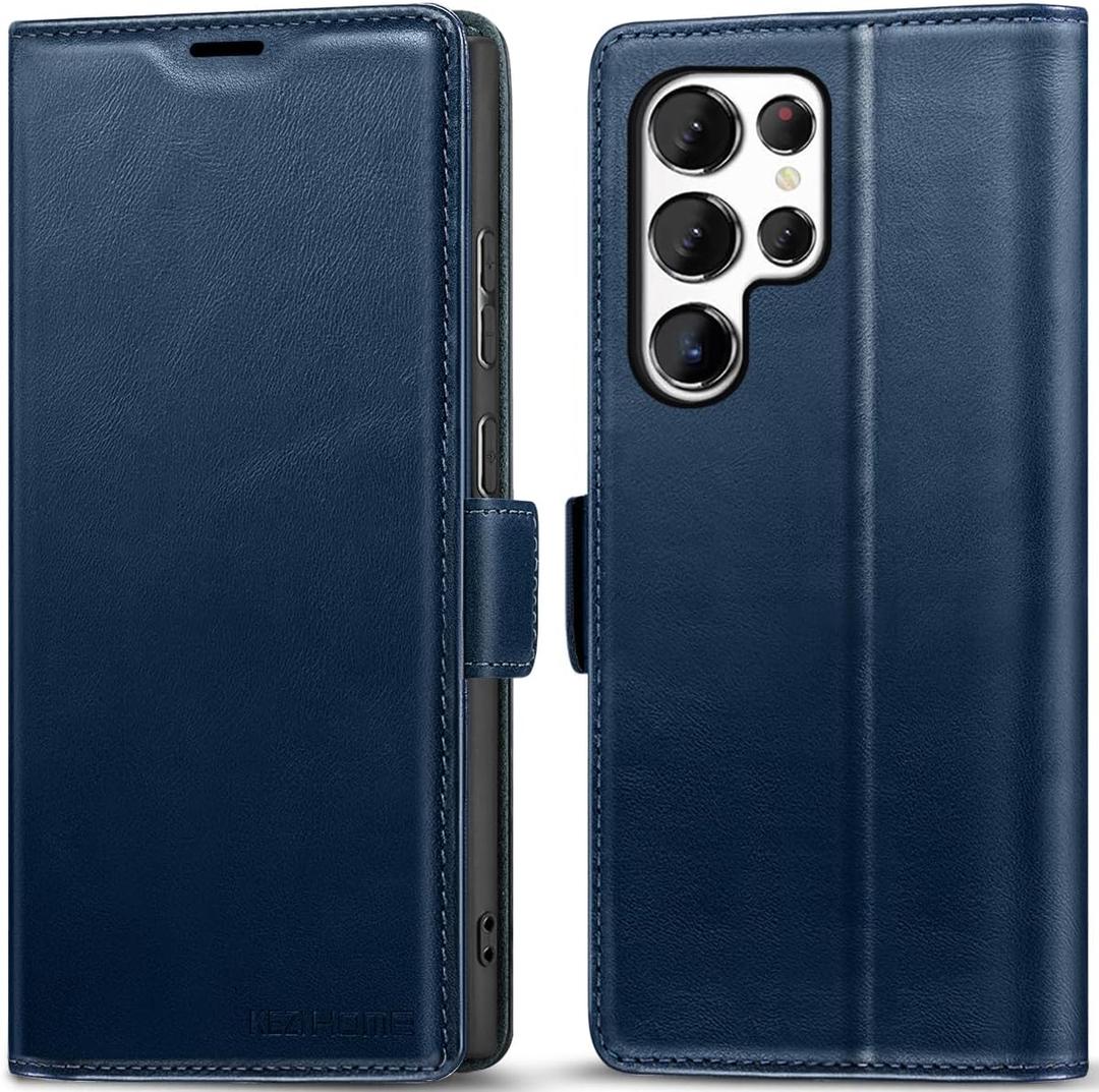 KEZiHOME for Samsung Galaxy S25 Ultra Case, Genuine Leather [RFID Blocking] Galaxy S25 Ultra Wallet Case, Card Slot Flip Magnetic Stand Phone Cover Compatible with Samsung S25 Ultra (Blue)
