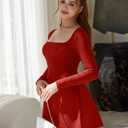 YMDUCH Women's Sexy Square Neck Long Sleeve Mini Party Dress Red (Red, S)
