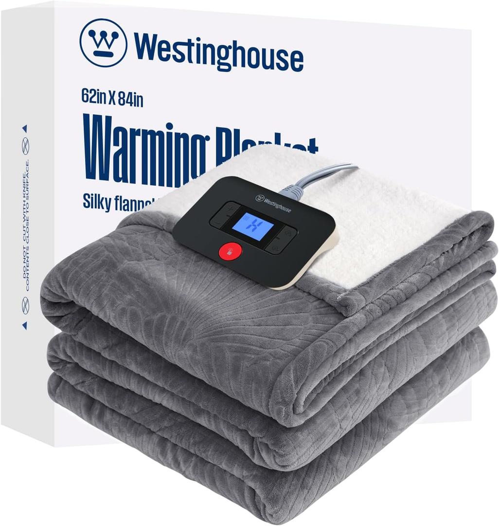 Westinghouse Twin Size Heated Blanket, Electric Blanket Twin with 10 Heating Levels and 1-12 Hours Auto-Off, Flannel to Sherpa Reversible, Flower Jacquard Heated Blanket, 62 x 84 inch, Grey