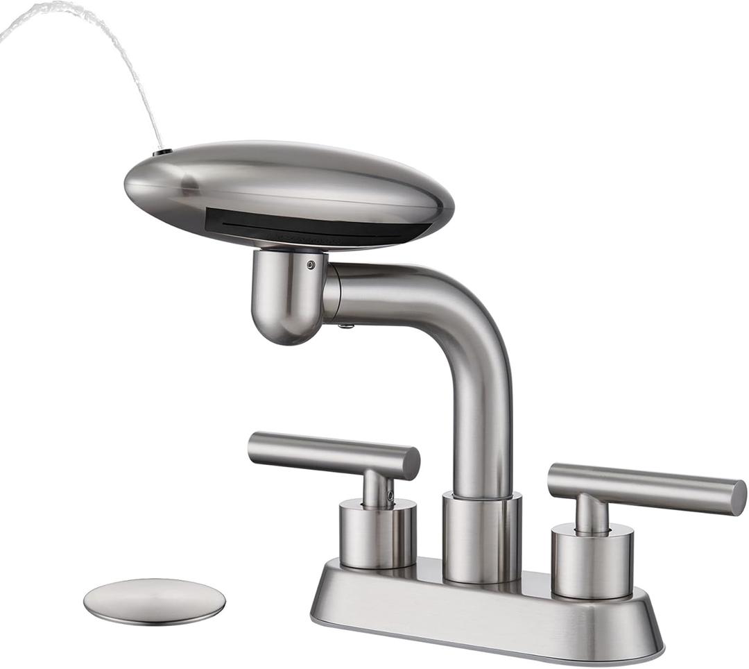 Bathroom Sink Faucet 3 Hole Brushed Nickel 4 Inch Centerset4 Modes Waterfall Bathroom Faucet 2 Handle with 360 Swivel Spout & Pop Up Drain