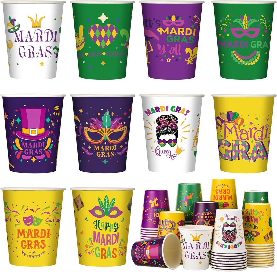Fulmoon 100 Pcs Mardi Gras Disposable Cups 9 oz Paper Coffee Cups for Kids Adults Holiday Beverage Drinking Hot Tea Chocolate Mardi Gras Parade Party Supplies, 10 Styles