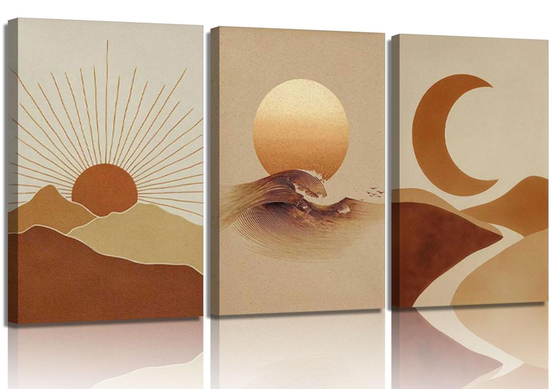 3Pcs Boho Sun and Moon Canvas Wall Art Abstract Poster Print Mid Century Modern Picture Earth Tone Minimalist Celestial Painting Wall Decor for Bedroom Living Room 16x24in Framed