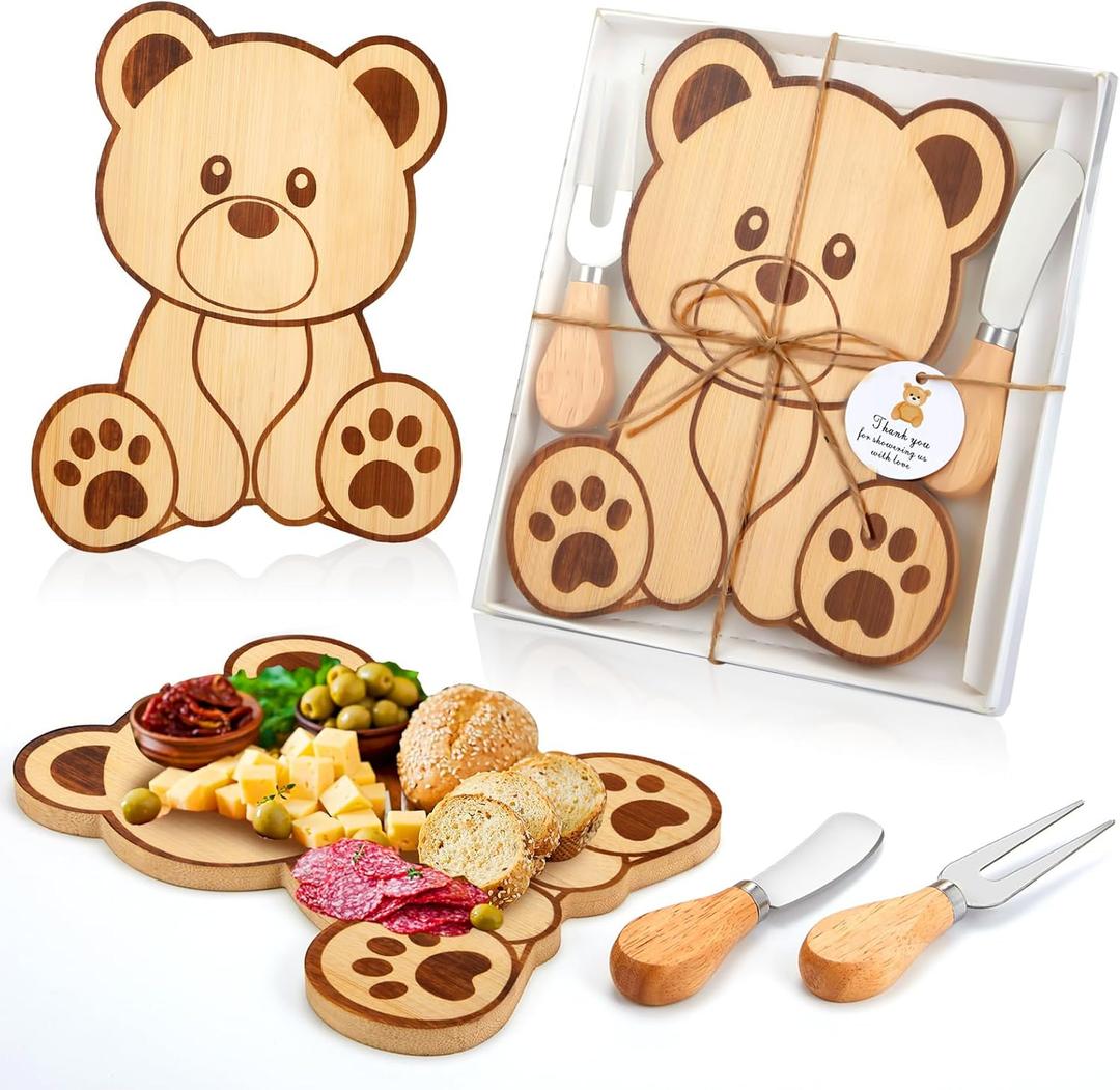 Ziliny 1 Set Baby Shower Prizes Bear Shaped Cheese Board with Cheese Knives and Forks Baby Shower Party Favors Gift Box for Wedding Bridal Birthday Gender Reveal Favor (Bamboo Color)