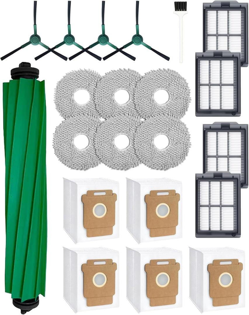 21 Pcs Replacement Parts for iRobot Roomba Plus 405/505/507 Combo Robot Vacuum Cleaner: 1 Main Brush, 4 Side Brushes, 4 HEPA Filters, 5 Dust Bags, 6 Mop Pads, 1 Cleaning Brush