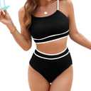 XUNYU Women Ribbed Scoop Neck Bikini 2 Piece Full Coverage Bathing Suits for Teen High Waisted Crop Top Swimsuit (Medium, Black Colorblock)