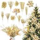 Yerliker 108 Pcs Gold Glitter Christmas Picks and Sprays, 12 Styles Artificial Christmas Floral Berry Branches Flowers Stems for Xmas Tree Ornaments Wreath Garland DIY Vase Holiday Party Decor