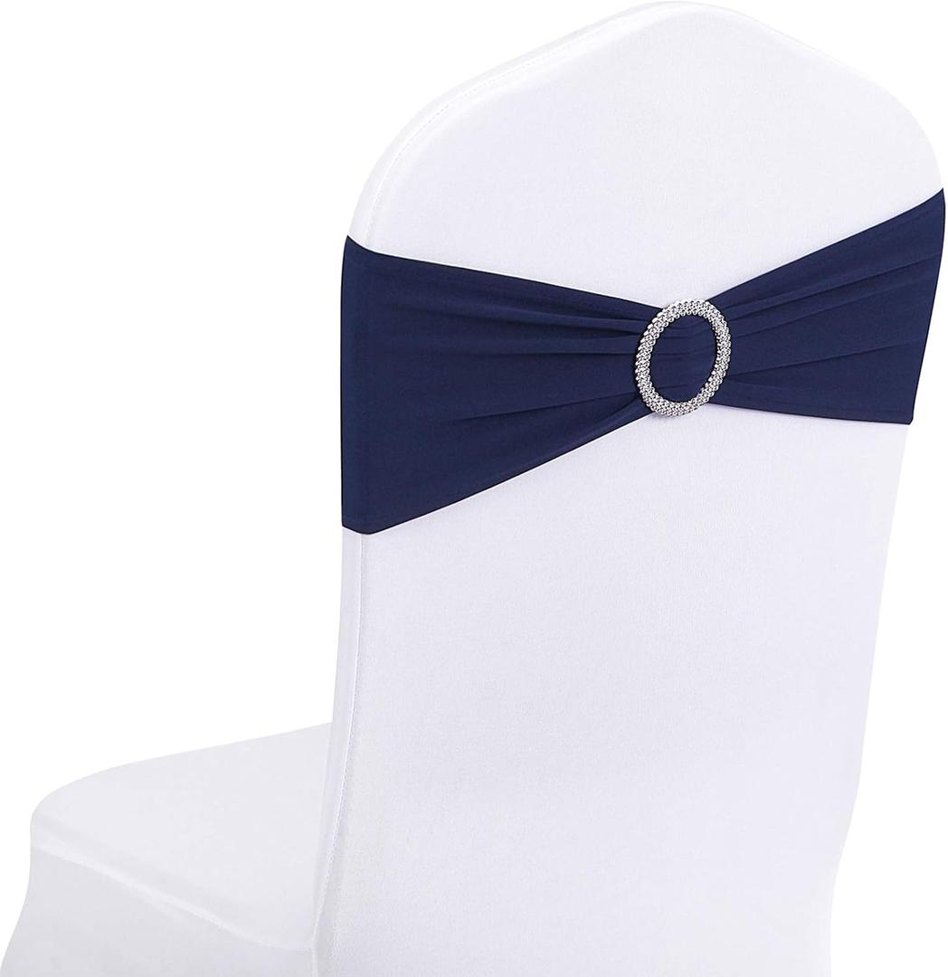 Peomeise 100pcs Navy Spandex Chair Sashes with Buckle Slider for Wedding, Party Decoration