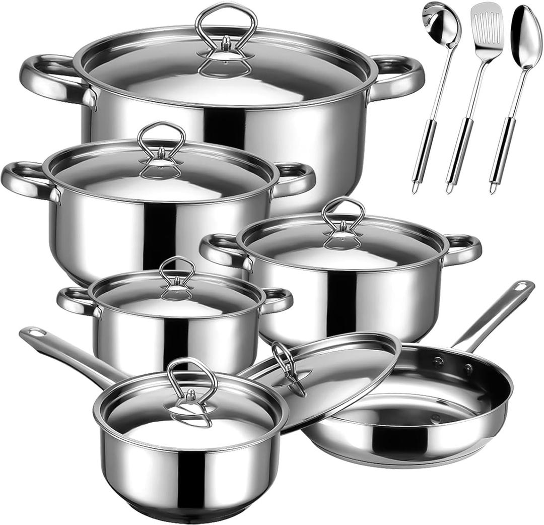Cookware Set - 15 Piece Stainless Steel Cookware Set, Includes 6 Pots and Pans, 6 Lids and 3 Utensils, Fixed Handles, Induction Safe and Dishwasher Safe