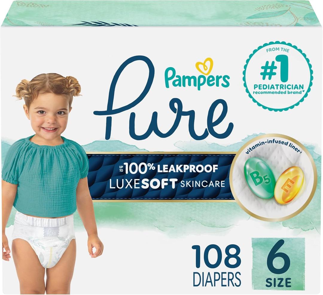 Pampers Pure Protection Baby Diapers, Size 6 (35+ lbs), 108 Count, Up to 100% Leakproof, Premium Plant-based Skin Protection, Hypoallergenic Soft Diapers