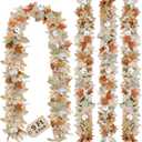 Neutral Fall Garland for Mantle Fireplace - 4 Pack Toatal 36Ft Outdoor Autumn Leaves Decor for Home Front Door with Pumpkins Indoor Maple for Farmhouse Stairs Porch Halloween Thanksgiving Decorations (9Ft)
