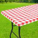 Smiry Rectangle Picnic Table Cloth, Elastic Waterproof Fitted Vinyl Tablecloths, Flannel Backed Buffalo Plaid Table Covers for Dining, Camping, Outdoor (White and Red, 36" x 60")