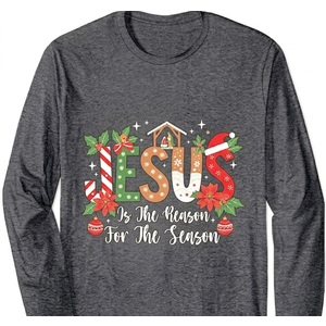 Jesus Is The Reason For The Season Religious Christmas Tree Long Sleeve T-Shirt (Gray) Medium