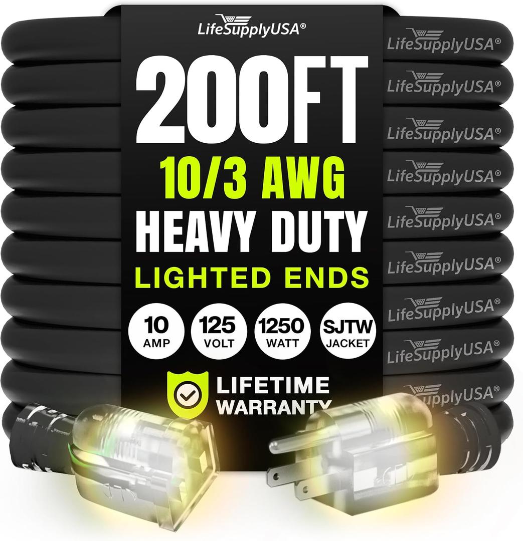 200ft Outdoor/Indoor Extension Cord 10/3 Gauge Ultra Heavy Duty 3 Prong SJTW, Waterproof, Flexible Cold-Resistant Long Power Cord,10A 125V 1000W, Black by LifeSupplyUSA