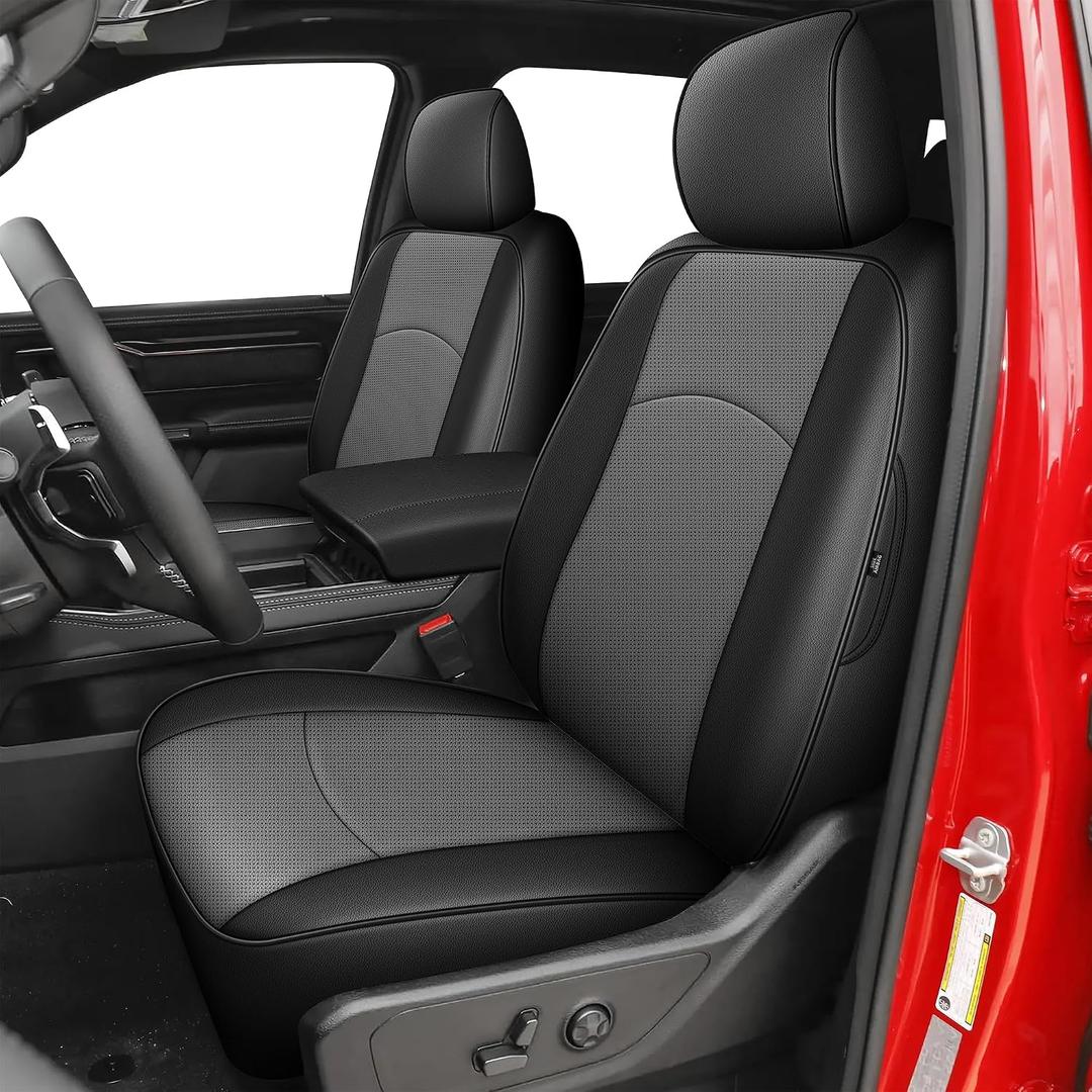 AOMSAZTO Custom Car Seat Covers for Ram 1500: 2009 2010 2011 2012 2013 2014 2015 2016 2017 2018 for Ram 2500 2010-2018 Full Set Faux Leather Truck Seat Covers Black+Gray