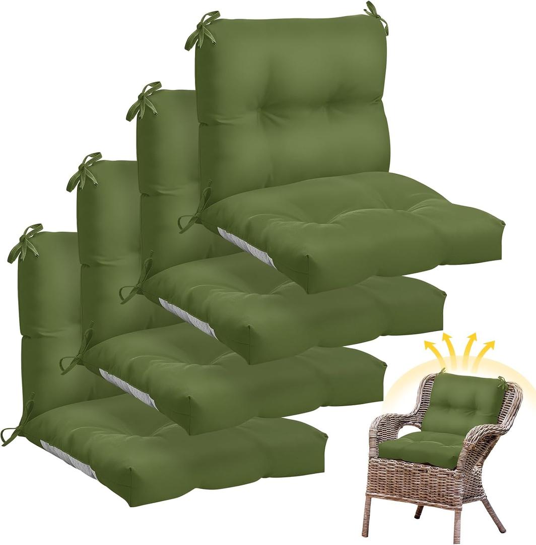 Geetery Outdoor Chair Cushions Set of 4 High Back Patio Furniture Replacement Seat Pads with Ties 42x21x4 for Lawn Porch Wicker Rocking Dining Chairs Weather Resistant Fade Resistant(Moss Green)