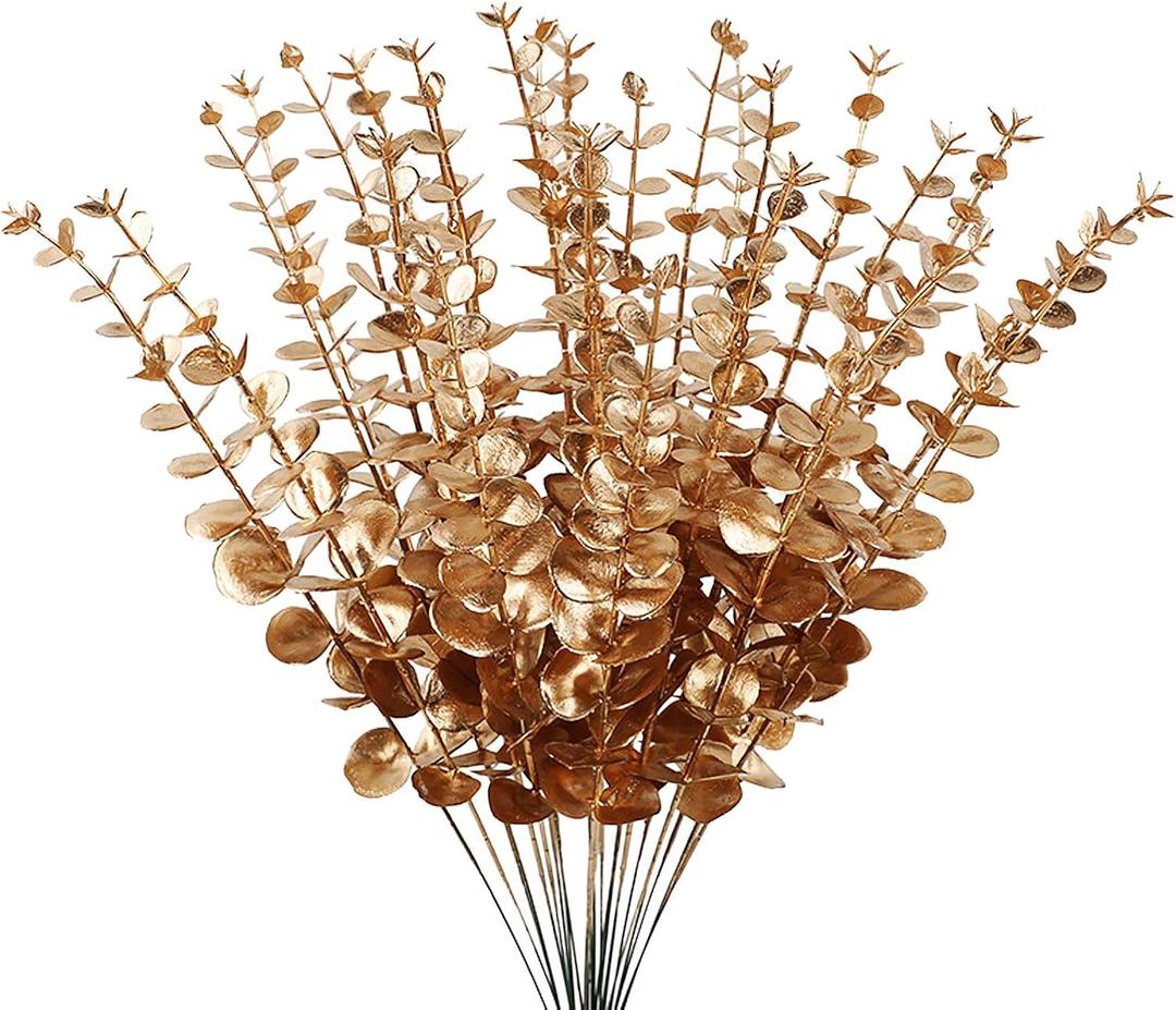 ABAJI Plastic Eucalyptus Golden Stems 12 Fake Faux Decorations Artificial Leaves Greenery Plant Leaf Home Office House Table Desk Decor Wedding Party Vase Forever Live