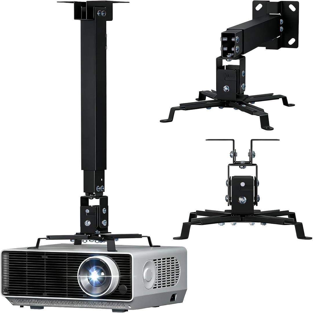 WALI Projector Mount Ceiling/Wall - Universal 3-in-1 Bracket with Extension Pole, Height Adjustable Holder for LCD/DLP Projectors, Supports up to 44lbs (PM-003-B), Black