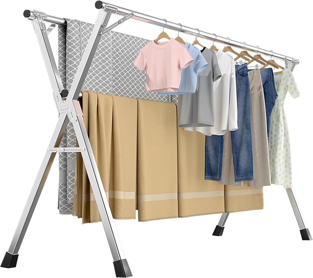 63 Inches Heavy-Duty Stainless Steel Folding Clothes Drying Rack Clothing Indoor Outdoor Anti-Rust 20 Windproof Hooks Portable & Foldable Laundry Rack (63'')
