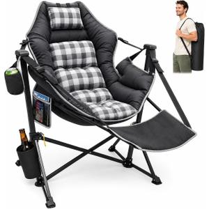 Suteck Hammock Camping Chair with Footrest, Thick Padded, Black Plaid, Oversized
