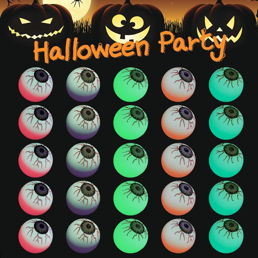 FINGOOO 25 Pcs Halloween Bouncy Balls, Glow in The Dark Eyeball Ping Pong Ball Bouncing Balls Halloween Party Favors Non-Candy Treats Goodie Bag Stuffers