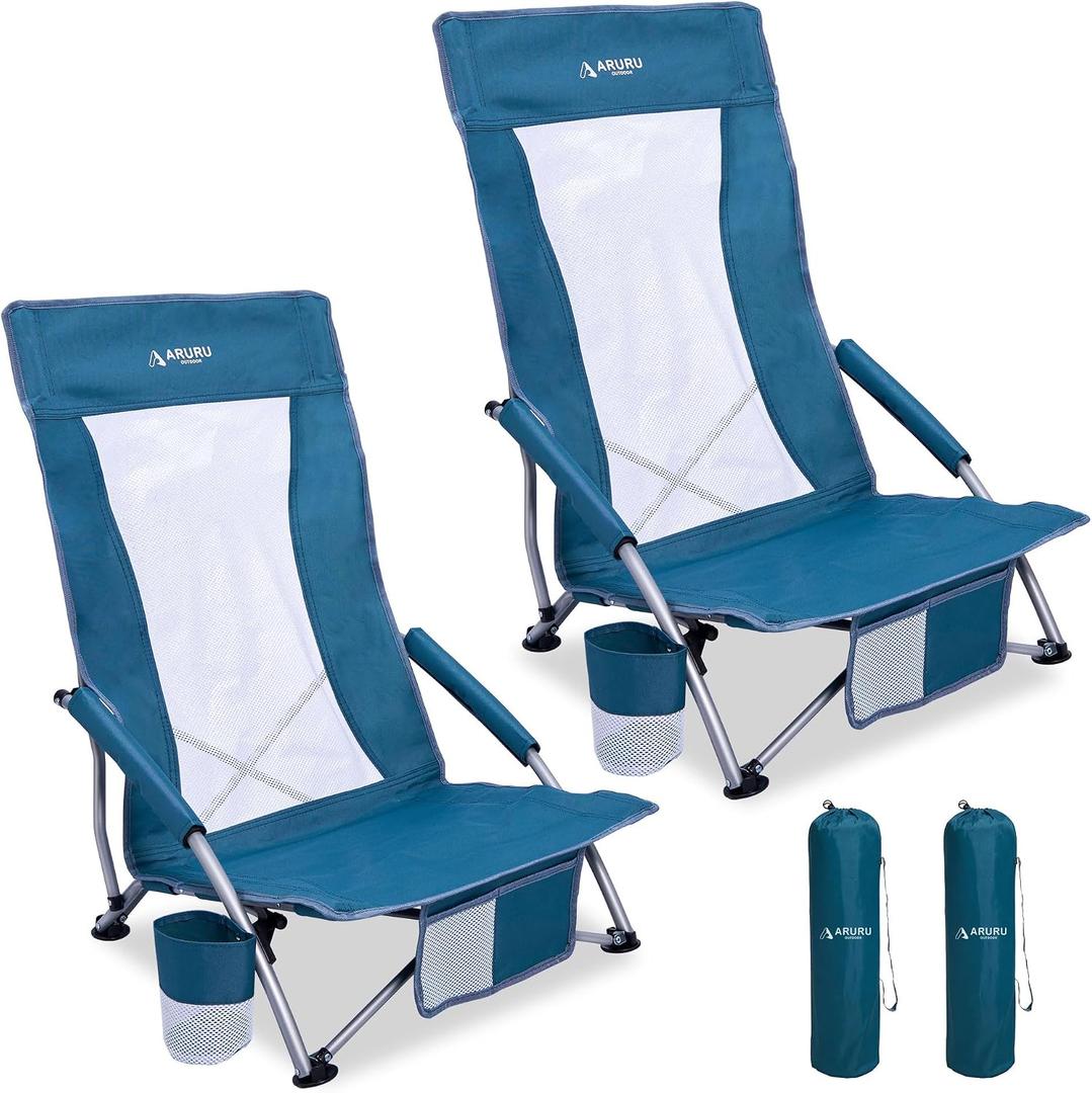 ARURU Low Beach Chairs for Adults 2 Pack High Back,Folding Portable Sling Beach Camping Chair with Cup Holder,Lightweight Foldable Camp Lawn Chair for Outdoor Sand Concert Travel Sport Events, Dark Blue