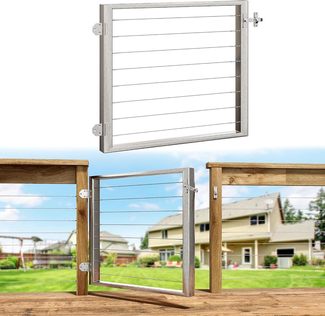 Outdoor Gate Integrated Welding Cable Railing Gate for Wood Metal Cable Railing System Stainless Steel Fence Gate (Right Hand in Swing, Slivery)
