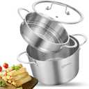 LOLYKITCH 5 Quart Stainless Steel Steamer Pot with Glass Lid, 3-Ply Steaming Pot for Cooking, 2 Tier Induction Steamer Pot for Tamales Seafood Vegetables Dumplings Stock Pot, Thick