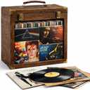 Vinyl Record Storage Box with Acrylic Display Window, Wooden Vinyl Record Box Holds Up to 35 LP Albums, Velvet Lined 12 Inch Vinyl Record Storage Box with Handle & Latches, (Carbonized black)