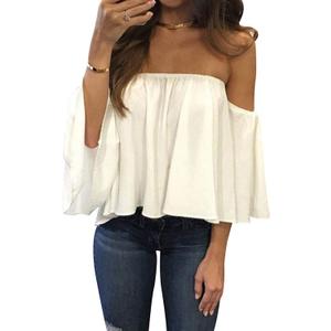 Bluetime Women Summer Off Shoulder Chiffon Blouse Ruffles Short Sleeves Tops Casual T Shirt (XXL, White)