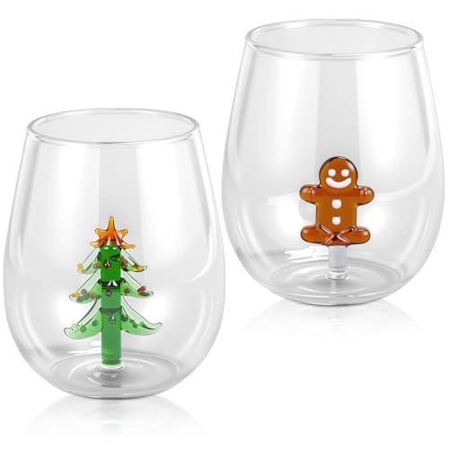 Remerry 2 Pcs Christmas Glass Cups 12oz Christmas Stemless Wine Glasses with Gingerbread Man Xmas Tree Inside Icon Cups Drinkware for Drinking Cocktail Holiday Party Supplies