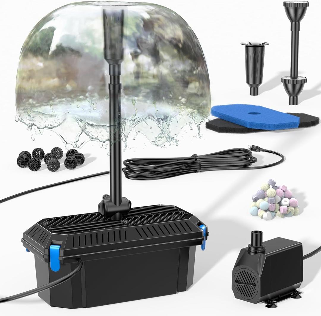 Biling Pond Filter with Fountain Pump Kits, 660GPH Koi Pond Filter with 40W Pond Pumps for Outdoor Ponds, Pond Fountain Kit for Garden Pond, Fish Tank, Water Feature - Corded Electric