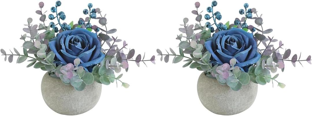 Rose in Pot Decor Potted Artificial Flowers Mini Plants Faux Flowers Indoor Small Decor Fake Roses for Home, Bathroom, Kitchen, Offices, Wedding Party Centerpieces (2pcs Blue)
