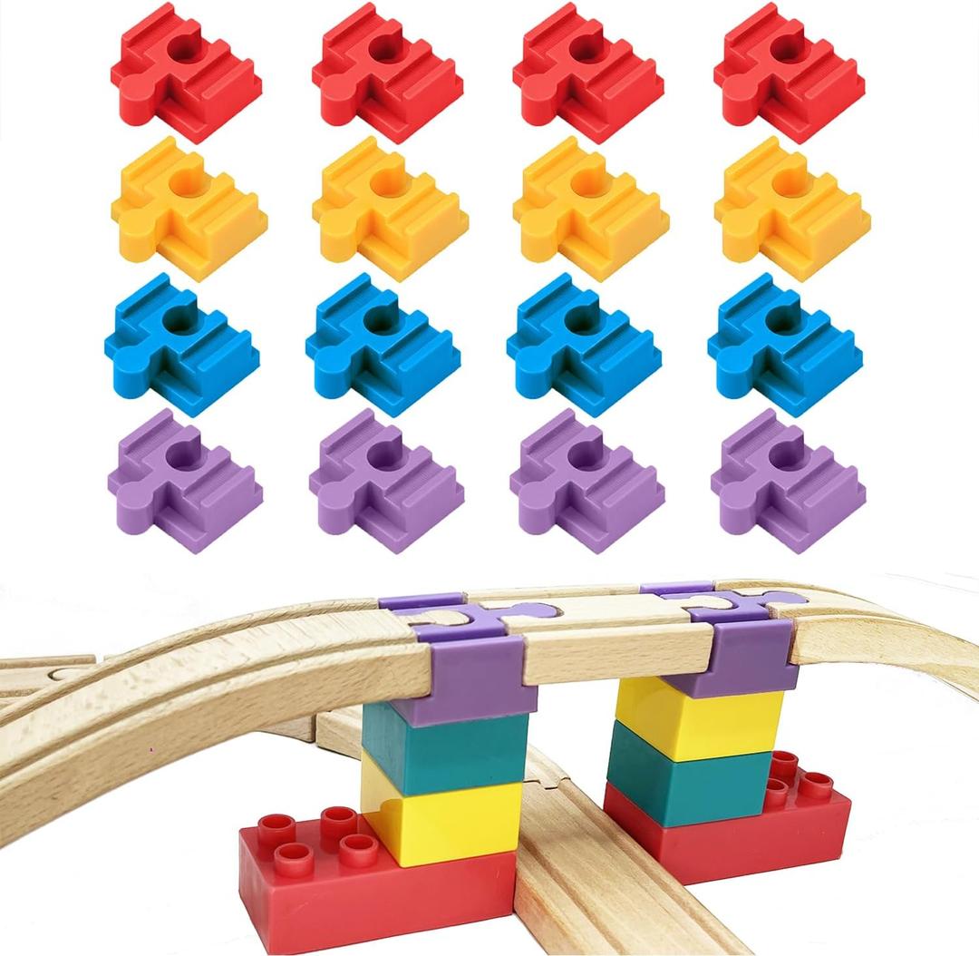 Wooden Train Track Accessories, 16 pcs Wooden Track Connector, Compatible with All Major Brands Train Track, Christmas Birthday Gift for Boys Girls, Train Toys Expansion Pack for Kids Ages 3+