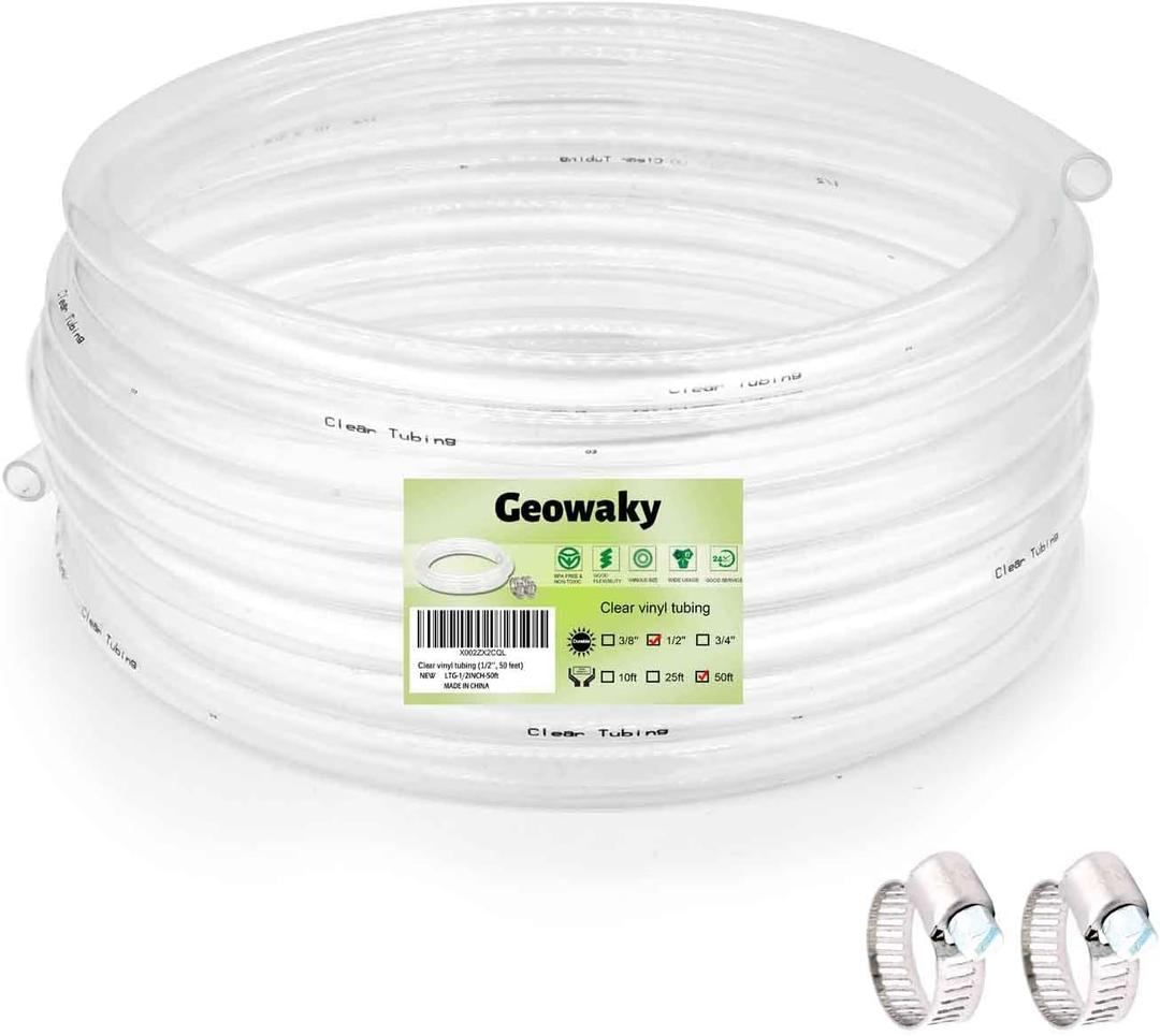 Clear Vinyl Tubing - 1/2" ID 5/8" OD, 50 Ft, 60PSI, Flexible Plastic, BPA Free, Reinforced, With 2 Screw Clamps