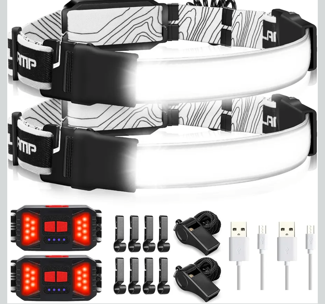 Adelante LED Headlamp Flashlight, 1000LM 230Wide-Beam USB Rechargeable Head Light with Taillight(Individual Control) & 8 Clips Waterproof Headlight Headlamps for Running and Camping (2 Pack, Black)