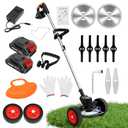 Electric Weed Eater with Wheels,Cordless Battery Weed Wacker with Charger, 3 in 1 Brush Cutter/String Trimmer/Grass Trimmer/Lawn Mower,Edger for Garden and Yard Lawn,2 Batteries Include