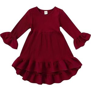 YOUNGER TREE Toddler Baby Girls Fall Clothing Solid Cotton Pit Irregular Skirt Winter Dress Long Sleeve Skirt Outfits (1-2T, Red)