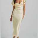 Summer Satin Flutter Sleeve Wedding Guest Dresses for Women Sweetheart Neckline Cutout Tie Back Midi Cocktail Dress (Yellow, S)