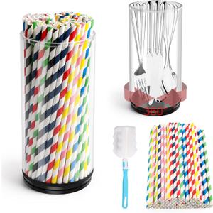 360 Rotating Straw Container with 100 Party Straws, Large Acrylic STRAW Dispenser for Counter, Cabinet straw Holder Organizer for Bar, Kitchen, Office Drinking straw Dispensers