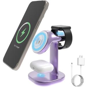 Wireless Charging Station for Magsafe Charger Stand,Fast Wireless Charger for iPhone Stand,3 in 1 Magnetic Phone Charger for Apple Watch,for Airpods,for Magsafe Charging Station (Purple)