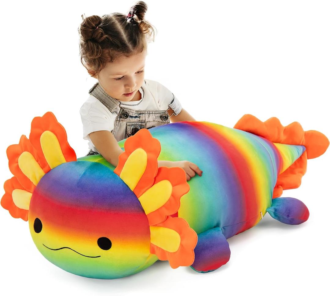 Large Axolotl Plush Toy, 39" Giant Axolotl Stuffed Animal Plush, Big Huggable Toys Gift for Girls Kids, Long Squishy Pillow for Holiday Birthday Christmas, Rainbow
