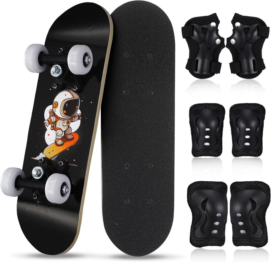 Honoson 7 Pcs Skateboard for Toddlers Beginners Knee Elbow Pads Wrist Guards Gear Set (Astronaut, Age 2-5 Kids 17 x 5'')